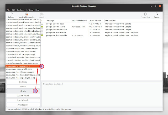 Synaptic list all packages in a repository on Ubuntu or Debian